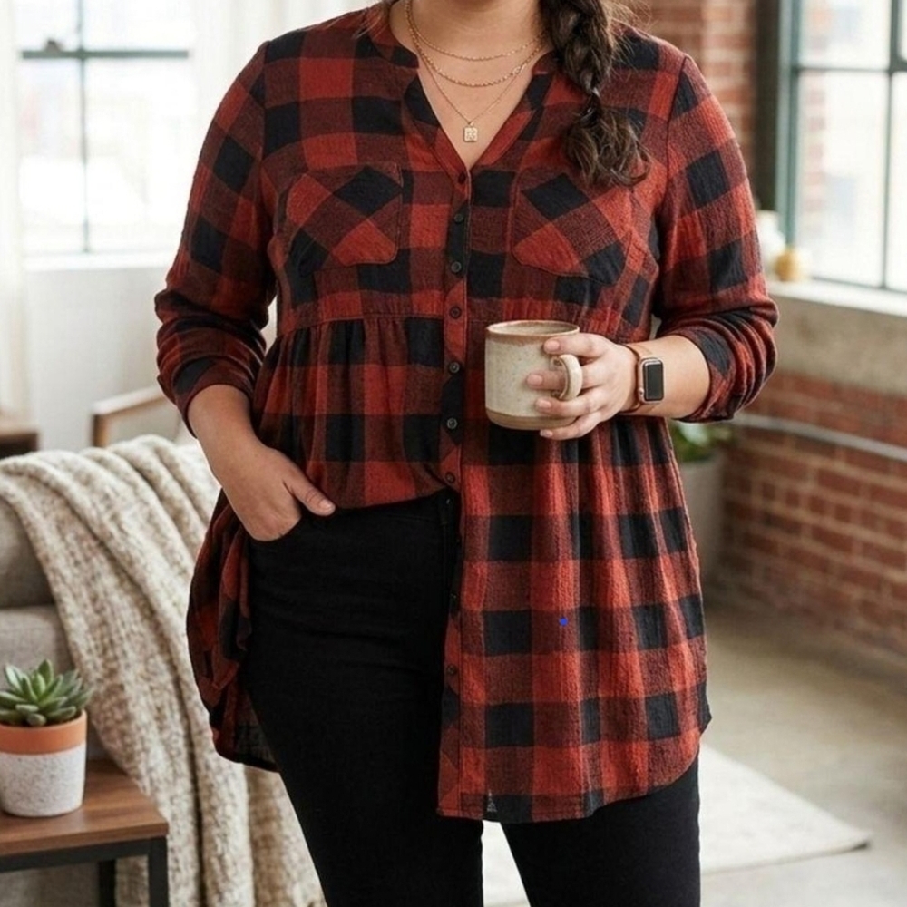 Torrid Red and Black Plaid Tunic Top
